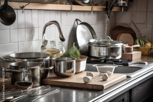 zero-waste kitchen with stainless steel pots  pans  and gadgets for cooking fresh and healthy meals  created with generative ai
