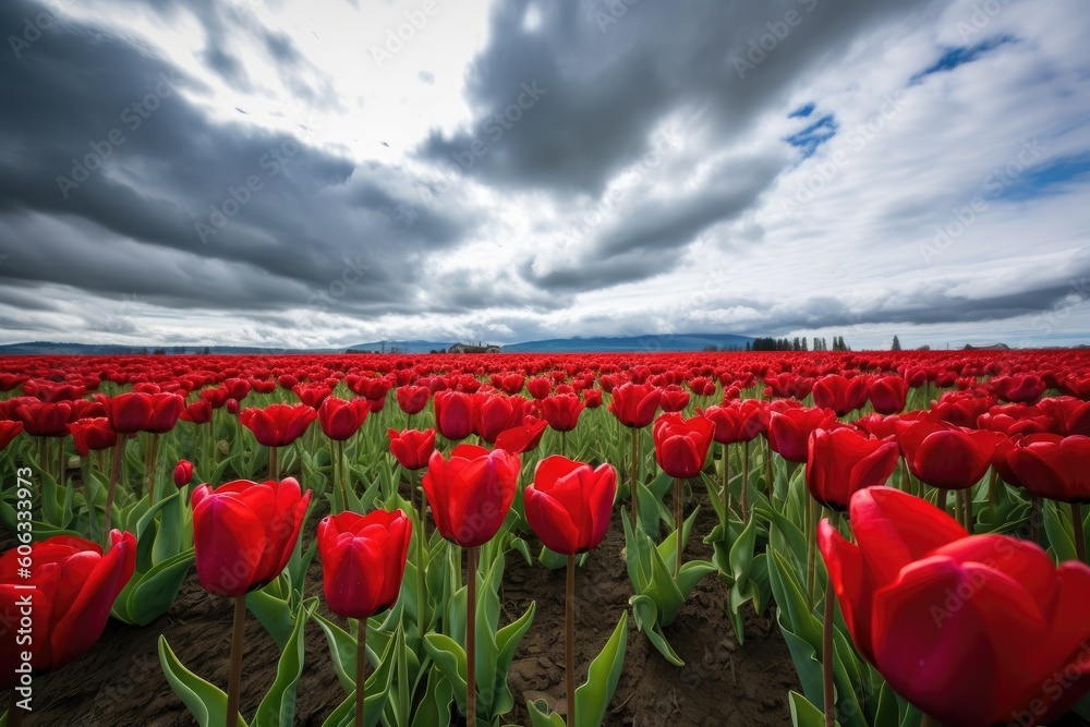a field of vibrant red tulips against a cloudy sky, created with generative ai