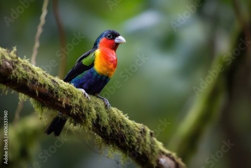 colorful bird perched on branch with view of the forest  created with generative ai