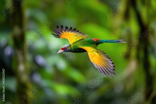 colorful bird flying over lush green forest, created with generative ai