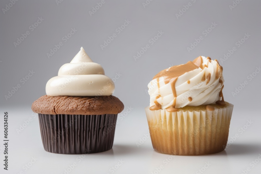 side-by-side comparison of classic and gourmet cupcakes, showcasing the differences in flavor and design, created with generative ai side-by-side comparison of classic and gourmet cupcakes, showcasing the differences in flavor and design, created with generative ai