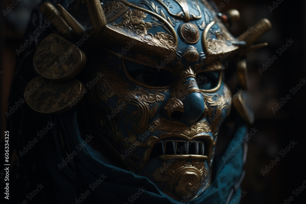  Portrait close up of a Samurai in a traditional mengu mask, Japanese medieval warrior in armor, art generated by ai