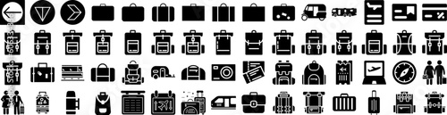 Set Of Travelling Icons Isolated Silhouette Solid Icon With Airplane, Holiday, Vacation, Trip, Journey, Travel, Tourism Infographic Simple Vector Illustration Logo