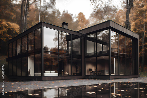 a modern glass house is covered in leaves