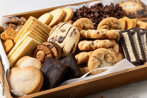tray of assorted cookies and biscotti with different shapes, flavors, and textures, created with generative ai