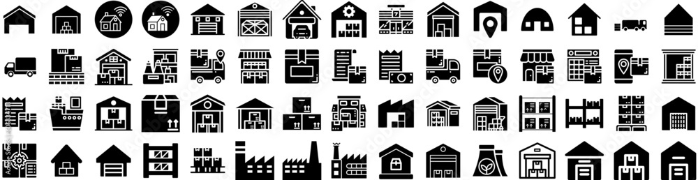 Set Of Warehouse Icons Isolated Silhouette Solid Icon With Box, Industry, Warehouse, Goods, Storage, Distribution, Industrial Infographic Simple Vector Illustration Logo