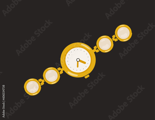 Jewelry watch concept. Golden accessory for men and women. Expensive and precious object. Aesthetics and elegance. Poster or banner for website. Cartoon flat vector illustration