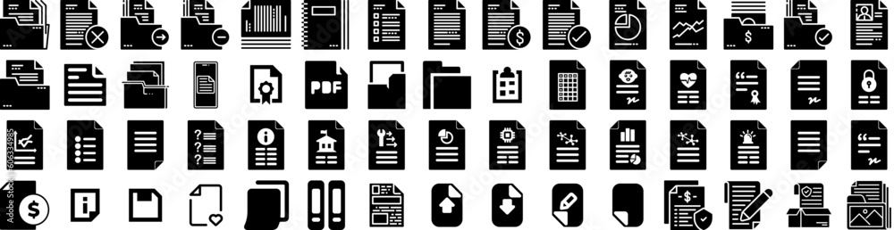 Set Of Document Icons Isolated Silhouette Solid Icon With Information, Office, File, Business, Document, Folder, Concept Infographic Simple Vector Illustration Logo