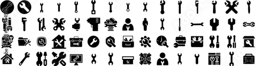 Set Of Wrench Icons Isolated Silhouette Solid Icon With Technology, Maintenance, Wrench, Repair, Service, Work, Equipment Infographic Simple Vector Illustration Logo