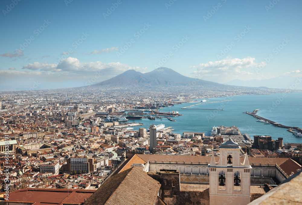 View of the city of Naples with the mountain Vesuvius