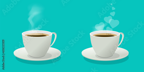Coffee cup 3d vector icon graphic illustration isolated, hot tea mug with heart love steam on saucer, teacup isolated fresh clipart image