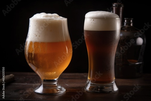 close-up of two glasses of draught beer, with foamy head and full flavors, created with generative ai