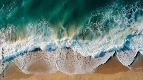 an aerial view of an ocean crashing on the beach