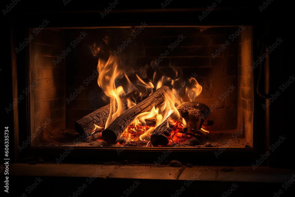 an open fireplace with hot firewood in it