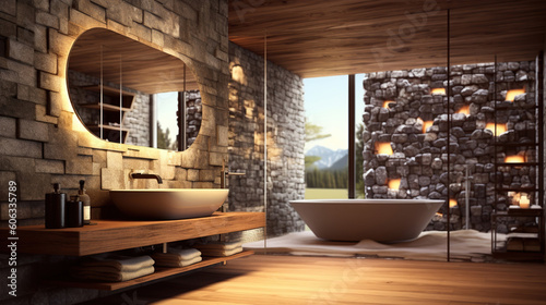 Richly toned bathroom with stone  glass and sauna. Generative Ai