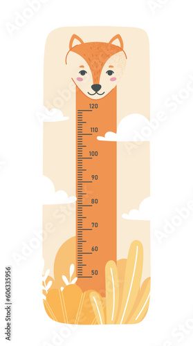 Kids height fox chart. Scale or meter with centimeter. Body growing and development, measurement. Wall poster for preschoolers room. Cartoon flat vector illustration isolated on white background