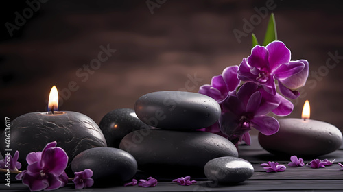 black stones and lavender flowers are sitting on wooden planks - spa