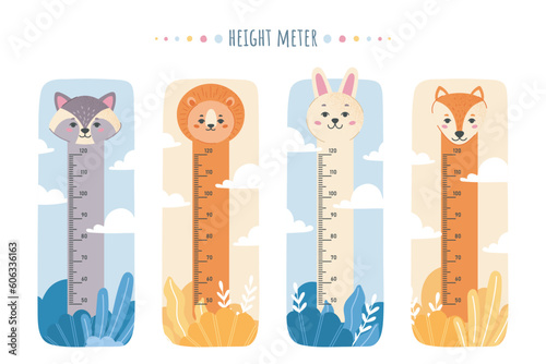 Kids height charts set. Measurement of height for children with tiger, rabbit, raccoon and fox. Prescooler wall poster with scale. Cartoon flat vector collection isolated on white background