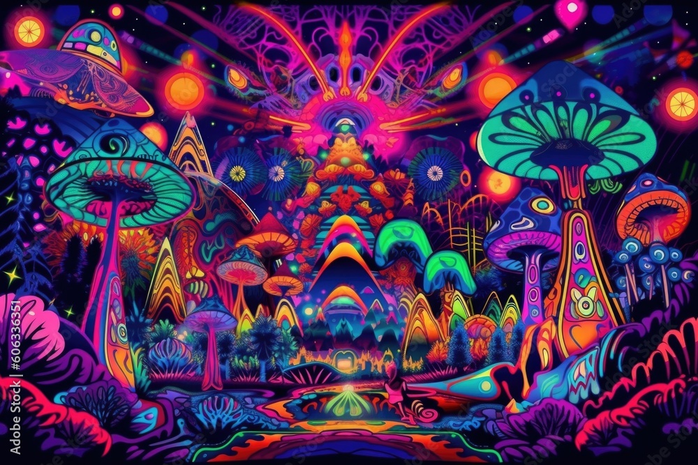 trippy and psychedelic poster for music festival, with a mix of neon colors and trippy artwork, created with generative ai