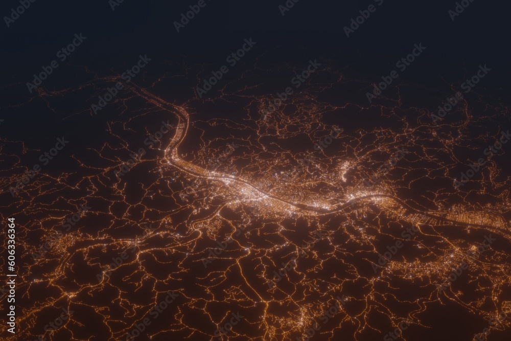 Fototapeta premium Aerial shot of Charleston (West Virginia) at night, view from north. Imitation of satellite view on modern city with street lights and glow effect. 3d render