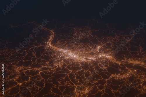 Aerial shot of Charleston (West Virginia) at night, view from north. Imitation of satellite view on modern city with street lights and glow effect. 3d render