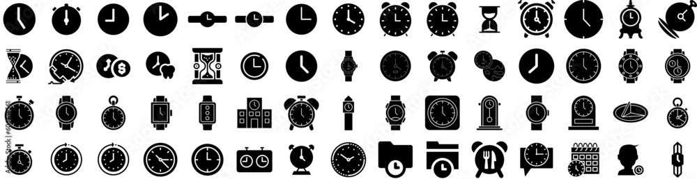 Set Of Clock Icons Isolated Silhouette Solid Icon With Clock, Hour, Icon, Timer, Watch, Time, Alarm Infographic Simple Vector Illustration Logo Set Of Clock Icons Isolated Silhouette Solid Icon With Clock, Hour, Icon, Timer, Watch, Time, Alarm Infographic Simple Vector Illustration Logo