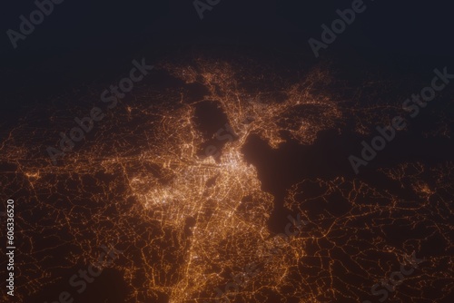 Aerial shot on Tampere (Finland) at night, view from east. Imitation of satellite view on modern city with street lights and glow effect. 3d render