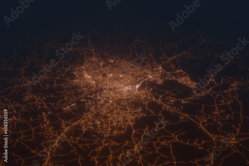 Aerial shot on Columbus (Georgia, USA) at night, view from west. Imitation of satellite view on modern city with street lights and glow effect. 3d render