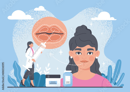 Lip filler concept. Doctor with syringe near young girl. Plastic surgery and appearance changes. Beauty, aesthetics and elegance. Character in uniform with botox. Cartoon flat vector illustration