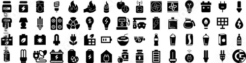 Set Of Energy Icons Isolated Silhouette Solid Icon With Environment, Ecology, Energy, Power, Renewable, Electricity, Electric Infographic Simple Vector Illustration Logo