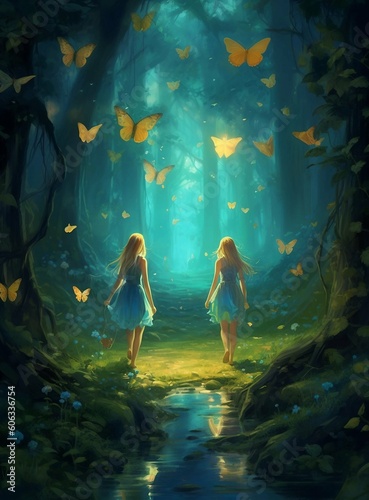 Two Girls Walking Through a Forest Filled With Butterflies Generative AI