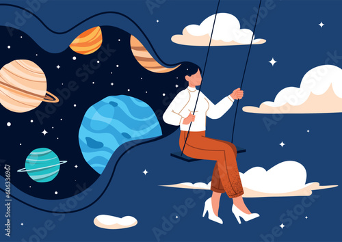 Magical dreams concept. Woman swings against background of starry sky. Imagination and fantasy. Psychology and mental health, mindfulness. Galaxy and universe. Cartoon flat vector illustration