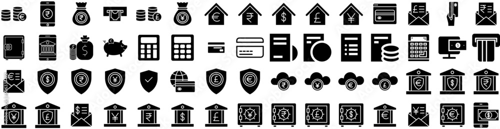 Set Of Banking Icons Isolated Silhouette Solid Icon With Financial, Finance, Business, Bank, Banking, Concept, Money Infographic Simple Vector Illustration Logo Set Of Banking Icons Isolated Silhouette Solid Icon With Financial, Finance, Business, Bank, Banking, Concept, Money Infographic Simple Vector Illustration Logo