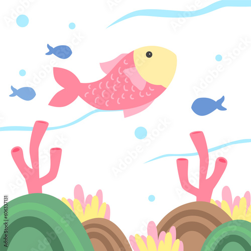 fun playful fish under water aqua ocean wave with coral playful adorable whimsical children style illustration