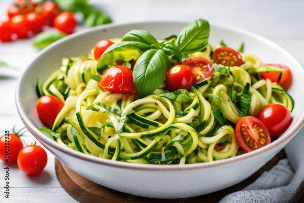 bowl of zucchini pasta, topped with fresh tomatoes and basil, created with generative ai