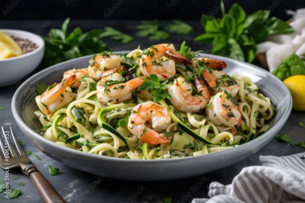 zucchini pasta with grilled shrimp and fresh herbs, created with generative ai zucchini pasta with grilled shrimp and fresh herbs, created with generative ai