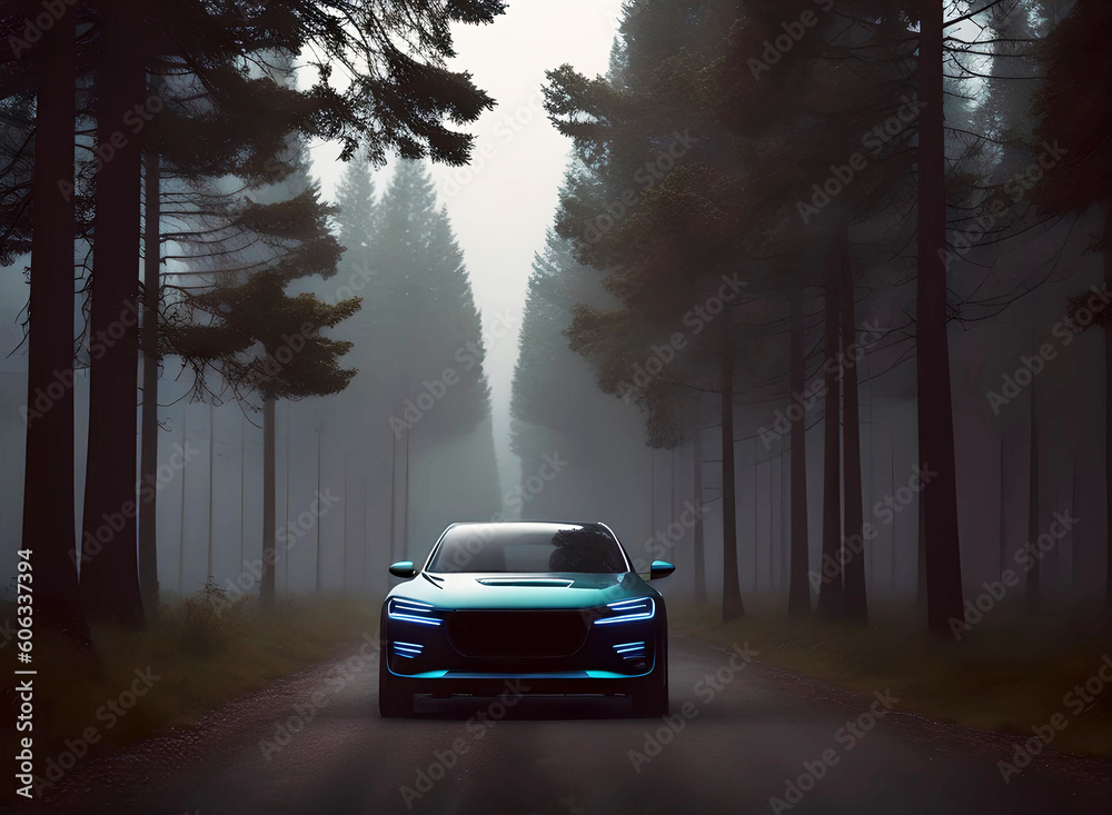 Futuristic car driving through forest at night. Generative AI
