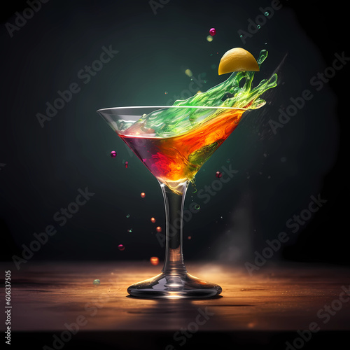 colorful cocktail in glass with splashing lemon and colorful liquid