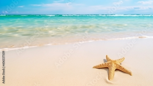 Tropical beach with sea star on sand 