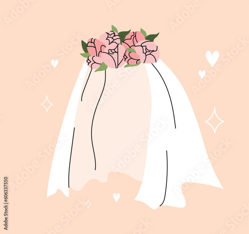Marriage veil concept. Piece of white cloth with wreath of pink flowers. Accessory and decoration for bride. Sticker for social networks and messengers. Cartoon flat vector illustration