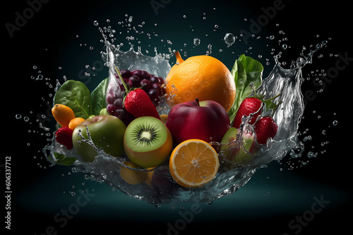 colorful fruit splashed in the water on black background © JazzRock