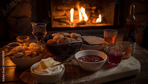 fireplace set up with food in front of it
