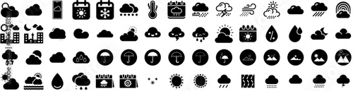 Set Of Weather Icons Isolated Silhouette Solid Icon With Sky, Forecast, Cloud, Set, Weather, Sun, Rain Infographic Simple Vector Illustration Logo