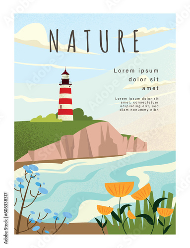 Nature landscape concept. Lighthouse on rock near sea and river. Lighting for sea travelers. Poster or banner for website. Beautiful panorama in summer. Cartoon flat vector illustration