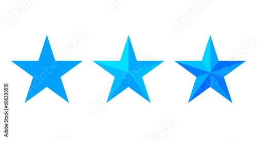 Graphic elements of three blue stars – One star in a 2D plane and two stars with 3D effects