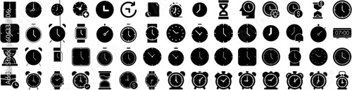 Set Of Clock Icons Isolated Silhouette Solid Icon With Watch, Timer, Time, Clock, Icon, Alarm, Hour Infographic Simple Vector Illustration Logo © Anthony