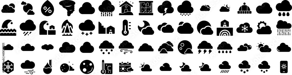 Set Of Weather Icons Isolated Silhouette Solid Icon With Cloud, Set, Sun, Forecast, Rain, Sky, Weather Infographic Simple Vector Illustration Logo Set Of Weather Icons Isolated Silhouette Solid Icon With Cloud, Set, Sun, Forecast, Rain, Sky, Weather Infographic Simple Vector Illustration Logo
