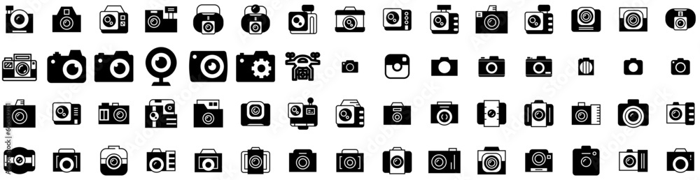 Set Of Camera Icons Isolated Silhouette Solid Icon With Illustration, Digital, Lens, Photo, Photography, Equipment, Camera Infographic Simple Vector Illustration Logo