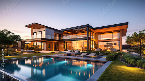 Beautiful Luxury Home with Swimming Pool at Sunset. Generative Ai photo