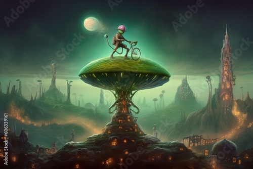 Gelatinous alien creature with glowing antennae, riding a unicycle of Earth's famous landmarks alien character illustration generative ai photo